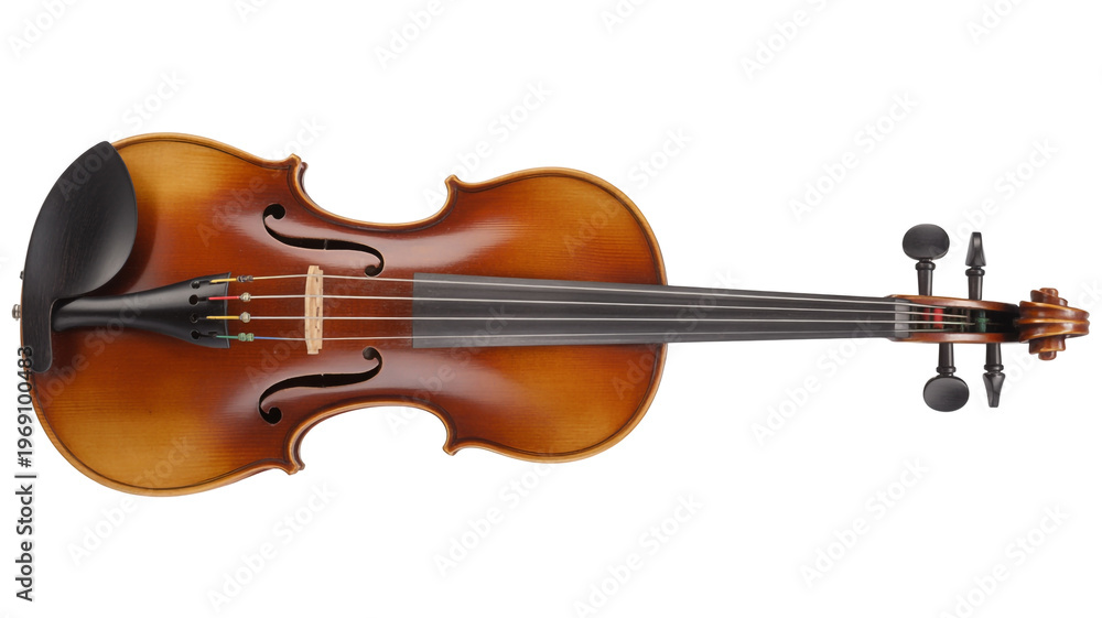 Fototapeta premium Elegant violin with polished wood and fine tuning pegs displayed against white background isolated on white background