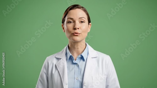 Professional female doctor in lab coat speaking against green screen background video