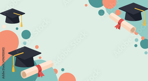 A festive graduation background design featuring mortarboards, diplomas with red ribbons, and abstract circular shapes in soft teal and peach tones.
