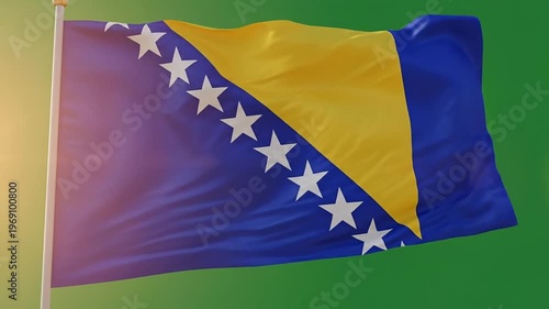 Bosnia and Herzegovina flag waving in the wind with green screen background beautifully captures