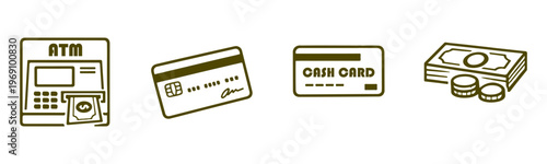 Minimal Banking Icons Set – ATM, Credit Card, Cash Money and Finance Line Vector Collection