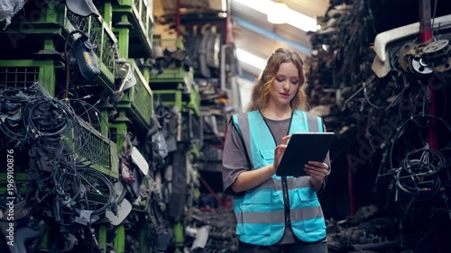 Female warehouse worker engineer using digital tablet inspecting spare parts and industrial factory storage, inventory management and maintenance workflow in automotive workshop and quality control.