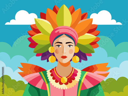 Colorful feathered headdress with vibrant wings and outstretched arms in a joyful pose