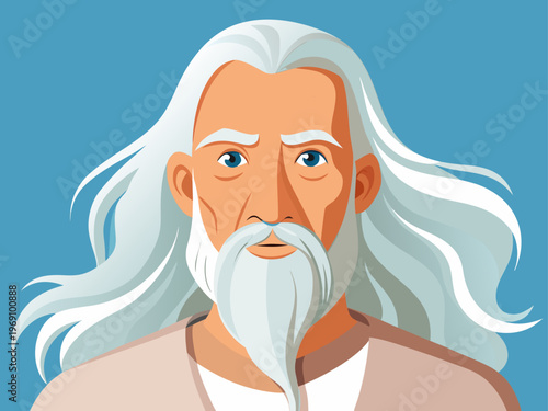 Elderly man with long white beard and hair depicted in a stylized illustration