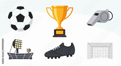 A set of soccer icons including a ball, trophy, whistle, goalpost, cleats, and floodlights in a flat vector design