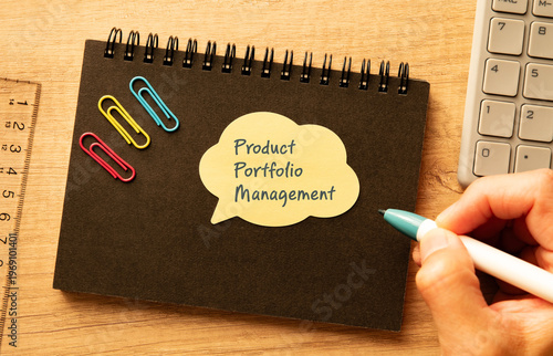 Corporate and management concept of Product Portfolio Management represented on speech bubble with calculator, clips, ruler. Professional business leadership and operations.
