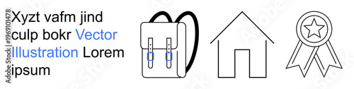 Education, achievement, housing, learning tools, school, goals. A backpack, house and ribbon icons in a minimalist style. Education and achievement concepts through simplified line icons