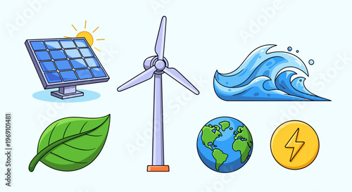 A colorful vector graphic illustrating renewable energy sources and eco-friendly icons