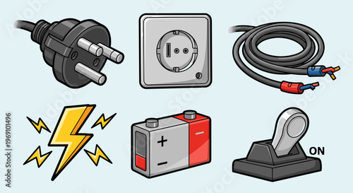 A vector graphic illustration of various electrical components and symbols on a light blue background