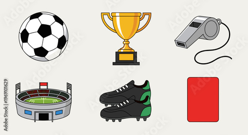 A colorful vector graphic illustration of various soccer icons and equipment on a plain background
