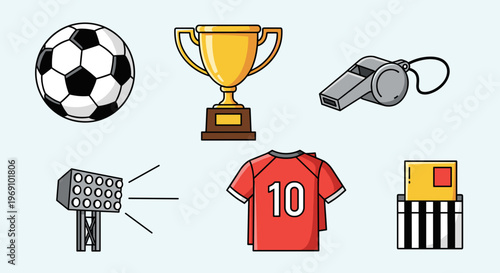 A colorful vector graphic illustration of various soccer symbols and equipment on a light background