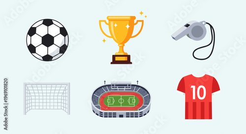 A set of colorful soccer icons and symbols on a plain background