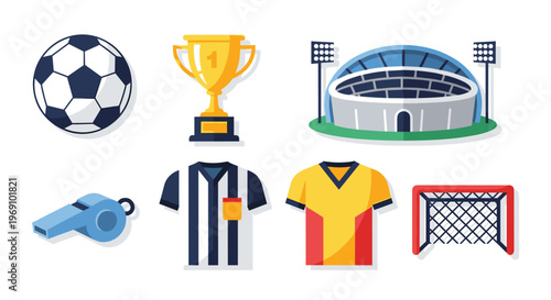 A colorful vector graphic illustration of various soccer icons and symbols on a white background