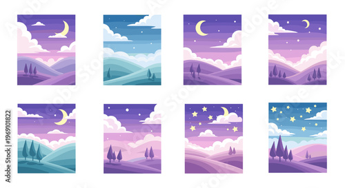A set of nine purple and blue landscape illustrations with mountains, trees, and a night sky