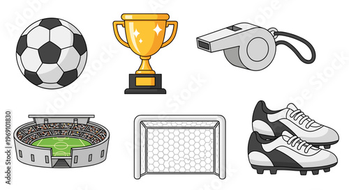 A set of soccer icons including a ball, trophy, whistle, shoes, stadium, and goal.