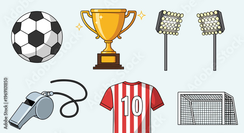 A vector graphic illustration of various soccer themed icons and symbols in a flat design style