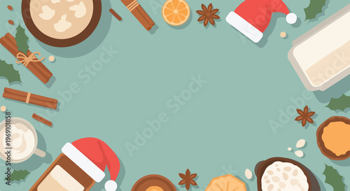 Festive vector border with Christmas elements like Santa hats, cinnamon, and cocoa on a teal background, leaving a central empty space.