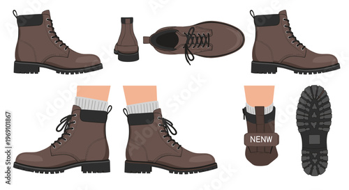 A vector graphic illustration of brown boots from multiple angles with socks and soles