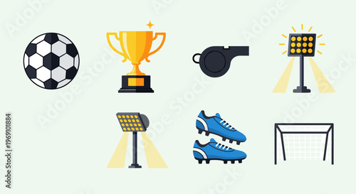 A set of soccer icons including a ball, trophy, whistle, cleats, and stadium lights on a plain background