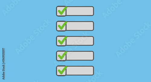 A vector graphic illustration of a checklist with green checkmarks on a light blue background