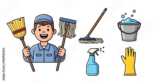 A cartoon janitor holding cleaning supplies in a cheerful illustration