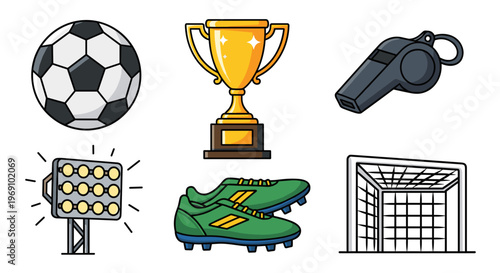 A colorful vector graphic illustration of various soccer icons and equipment on a white background