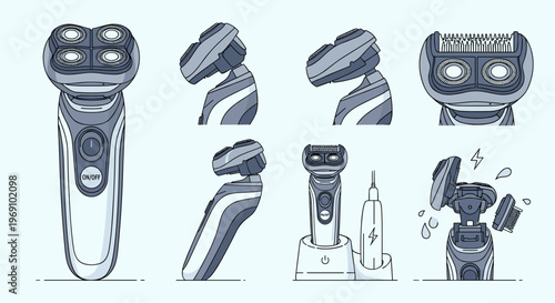 A detailed vector illustration of a modern electric shaver in various views and angles