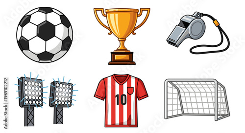 A vector graphic illustration of various soccer equipment and symbols on a white background