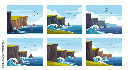 A vector graphic illustration of ocean waves crashing against cliffs in a series of six panels