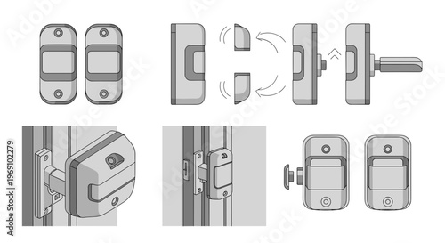 A detailed illustration of various door lock components and mechanisms in a flat design style