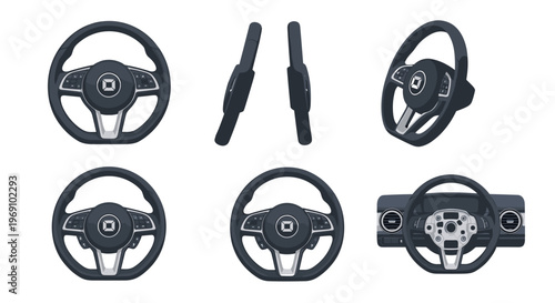 A set of six different steering wheel designs and two shift knobs in black and silver on a white background