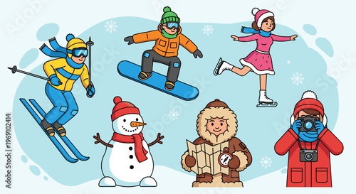 A colorful winter illustration featuring people skiing, snowboarding, and enjoying the snow with a snowman and a penguin.