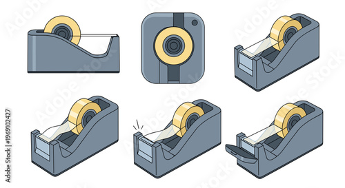 A set of six gray and yellow tape dispensers in different positions on a white background