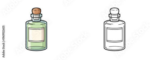 Glass bottles with cork stoppers in flat colored and black line art cartoon styles representing apothecary vials for liquid storage on a clean white background