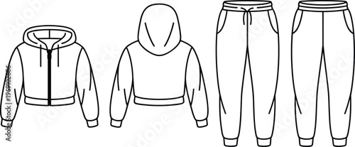 Tracksuit set template, hoodie and jogger pants front back view flat vector