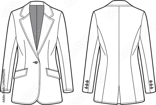 Flat vector tailored blazer fashion sketch lapel collar button pocket illustration