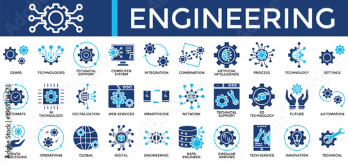 Engineering icon set collection. Containing link, operation, program, transfer, cog, touch, gears .Solid vector icons collection
