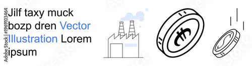 Digital economy, blockchain, industrial production, carbon impact, cryptocurrency mining, financial technology. Coin with currency symbol and factory chimneys emitting smoke. Digital economy