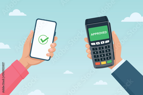 Contactless Payment with Smartphone and POS Terminal, Vector Illustration. Mobile Pay Tap to Pay Concept. Cashless Checkout, NFC Transaction, Digital Wallet, Card Reader, Retail Point of Sale