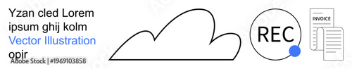 Cloud storage, file management, invoicing, digital recordkeeping, data archiving, modern technology. A cloud, REC circle symbol and invoice digital data management . Cloud storage and file