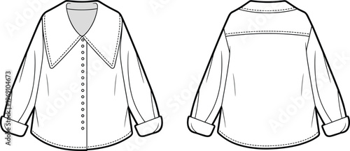 Flat vector long sleeve button up shirt fashion sketch front back illustration