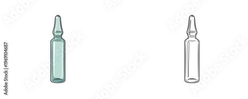 Medical glass ampoules in flat teal and black line art cartoon styles representing pharmaceutical containers for liquid vaccine or medicine on a plain white background
