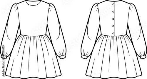 Flat vector puff sleeve long dress fashion sketch front back illustration
