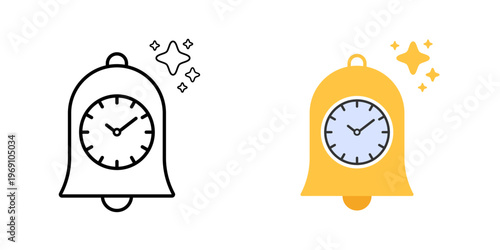 Bell clock symbol. Notification bell combined with clock and small sparkle element. Smart reminder and proactive alert indicator. Simple geometric icon.