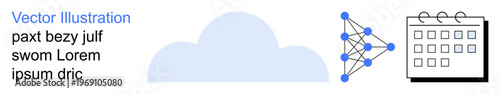Cloud computing, AI technology, data science, scheduling apps, digital transformation, productivity tools. Cloud icon, neural network calendar graphic. Cloud computing and AI technology concept