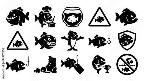 Piranha Icon Set – Fish Warning, Fishing Hook, Aquarium and Danger Symbols Black Silhouette Collection