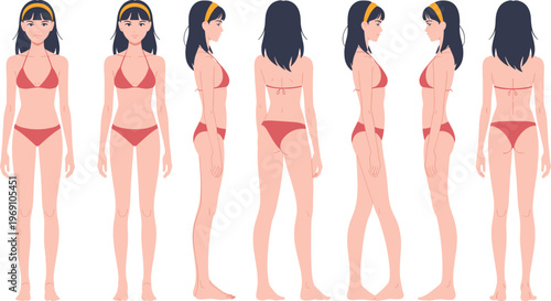 Female body front side back views anatomy reference character design flat vector