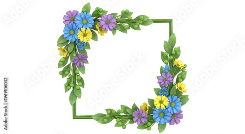 Square Floral Frame with Daisy-like Flowers and Berries