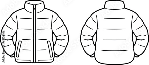 Puffer jacket technical sketch quilted fashion outerwear front back view flat vector