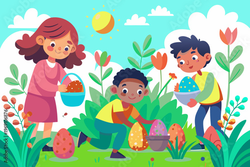 Children participating in an Easter egg hunt illustration with colorful eggs hidden among greenery, two kids collecting eggs while a girl holds a basket in a vibrant outdoor setting